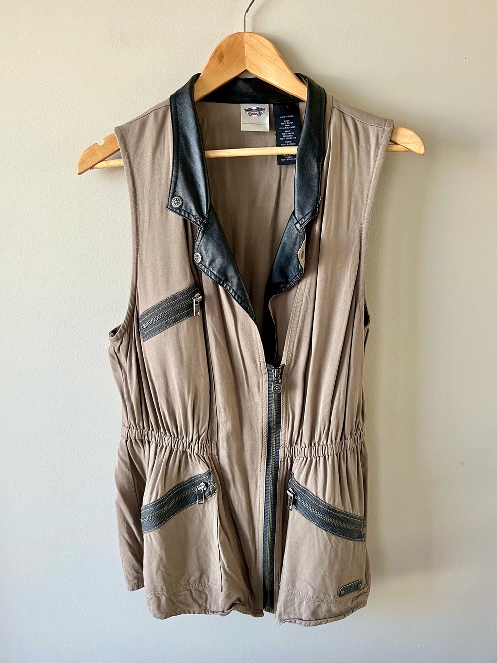 Harley-Davidson Taupe Asymmetrical Vest with Black Faux Leather Trim Size Large